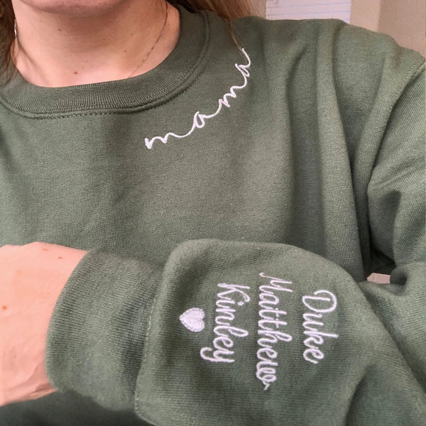 Custom Embroidered Mama Sweatshirt with Kids Names Sleeve